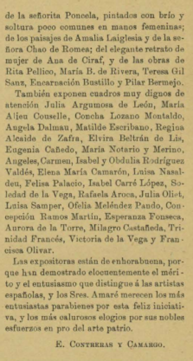 Crónica Pintura feminista en el Salón Amaré. E. Contreras. Álbum Iberoamericano. Junio 1903